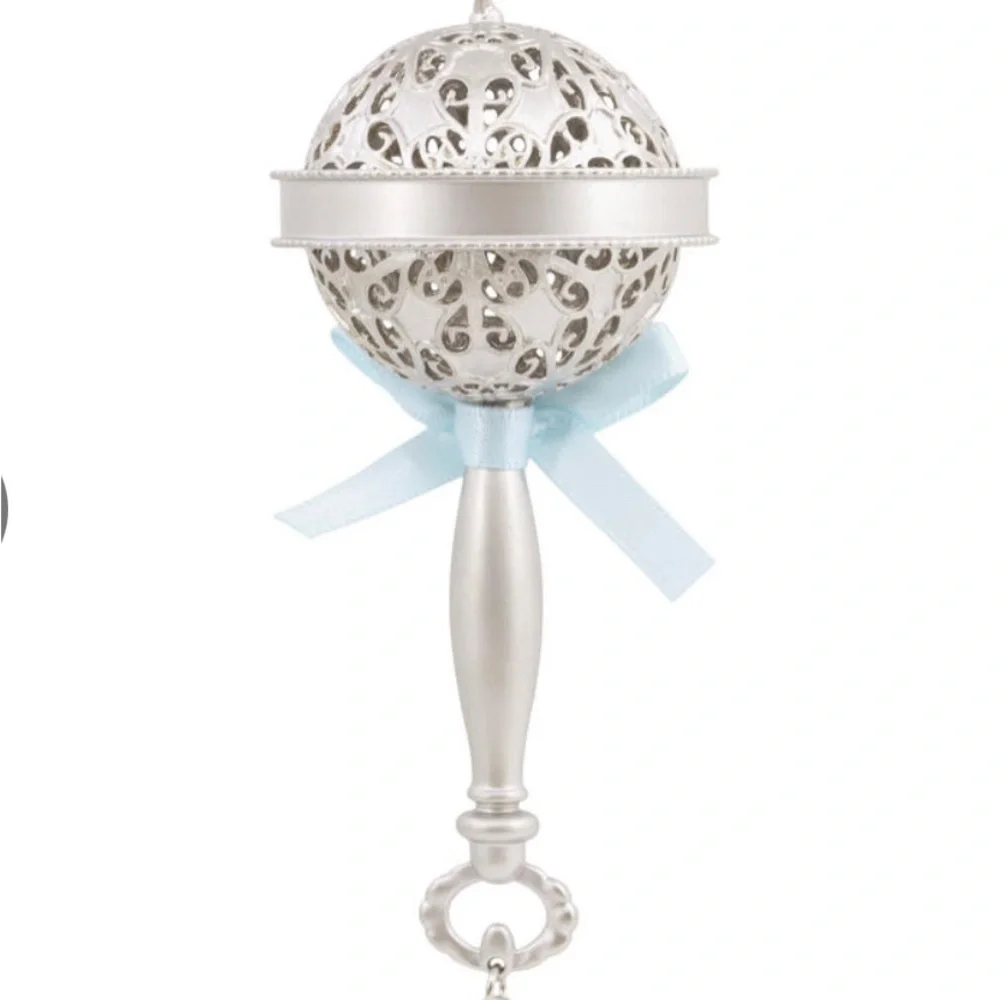2025 Baby's First Christmas Ornament Hallmark Sliver Rattle Blue Bow Boy